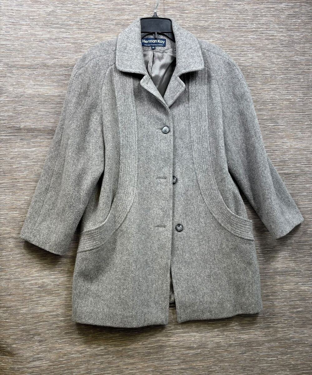 Herman Kay Coat Womens Size 10 Gray Wool Tweed Single Breasted Lined Pockets
